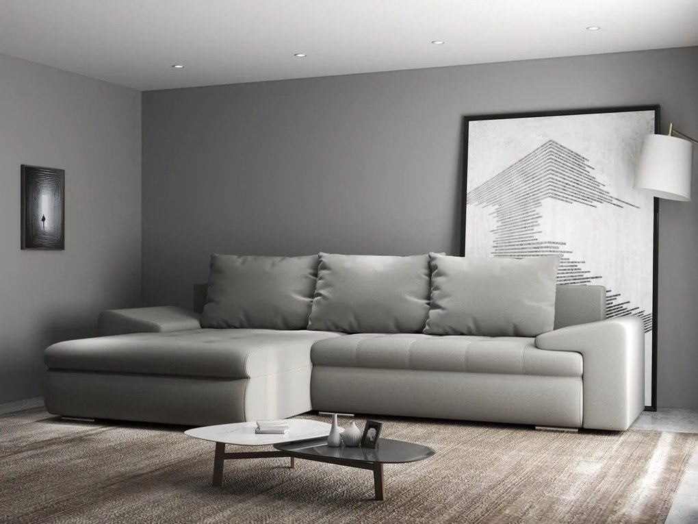 Colțar extensibil dumonde cu ladă de depozitare si sezut confortabil din spuma high-density, Leonardo Royal Gri 260x185 cm