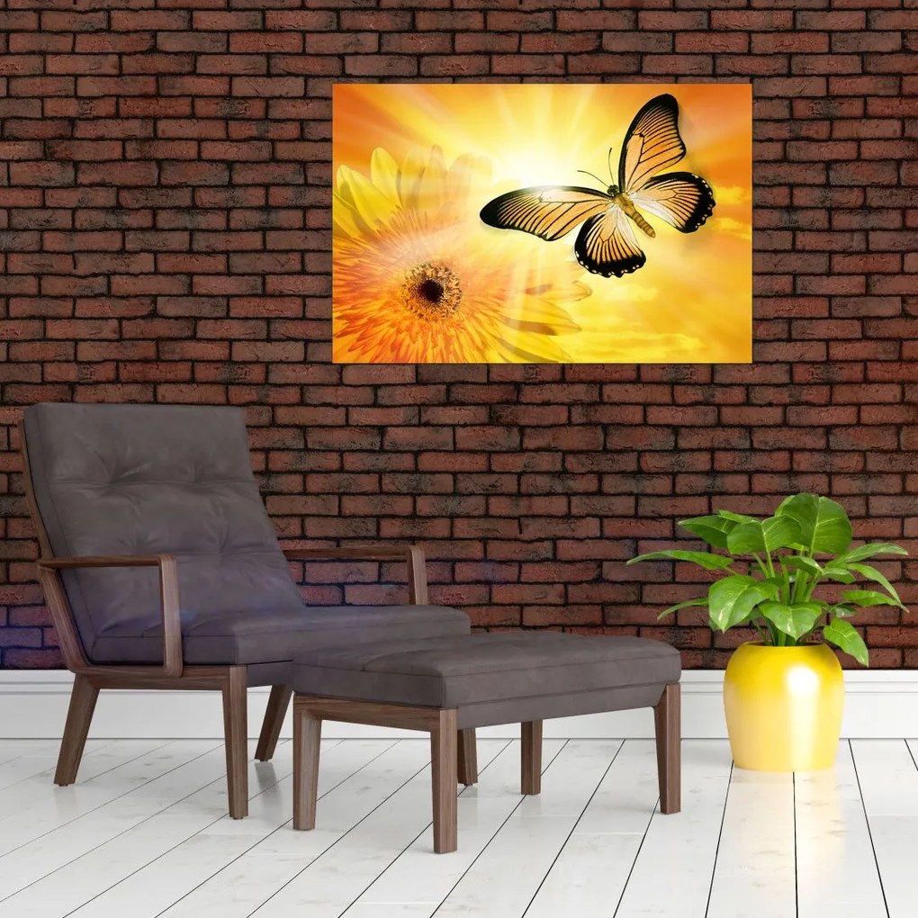 Tablou - Fluture galben cu flori (90x60 cm)