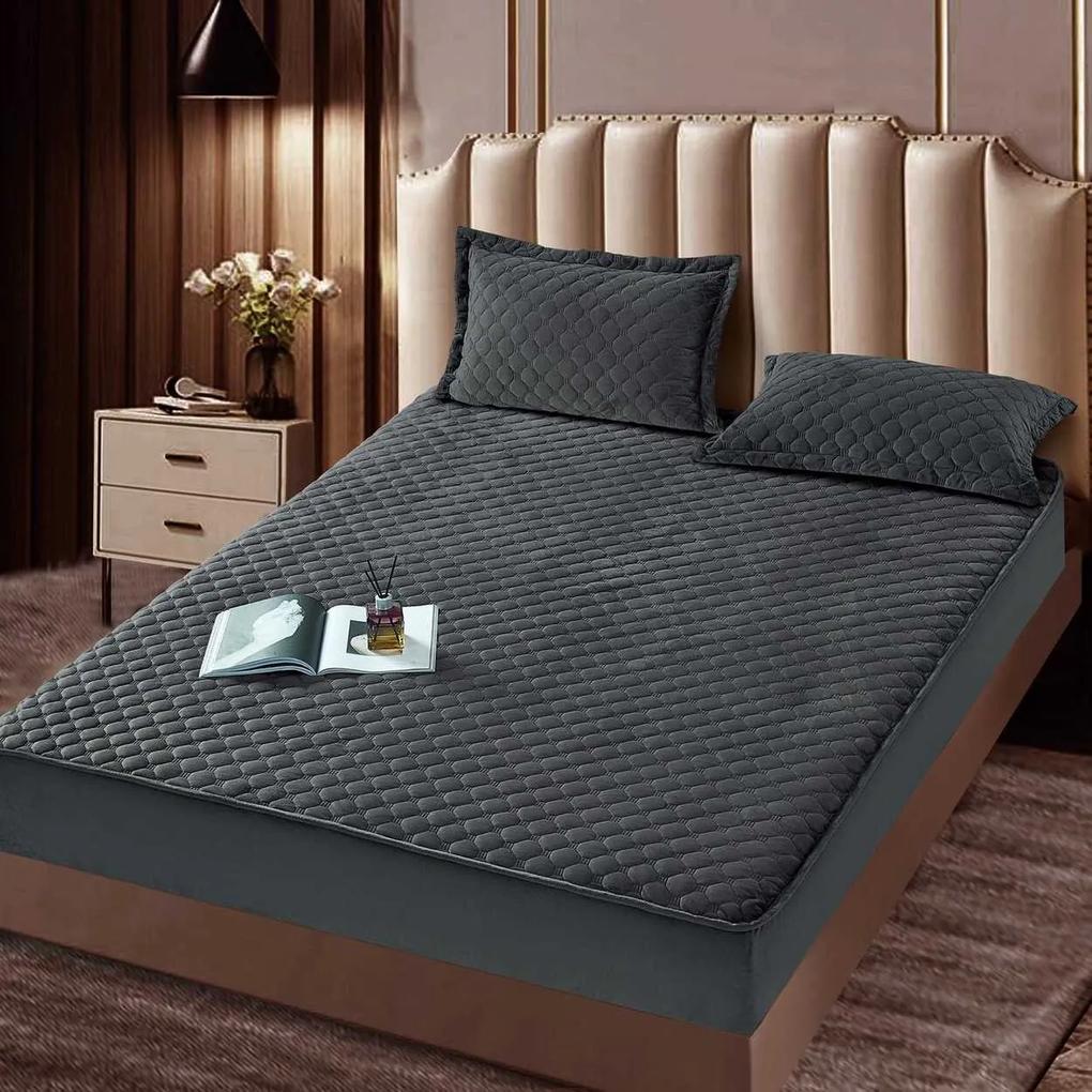 Husa de pat matlasata si 2 fete de perne din catifea, cu elastic, model tip topper, pentru saltea 160x200 cm, gri inchis, HTC-39