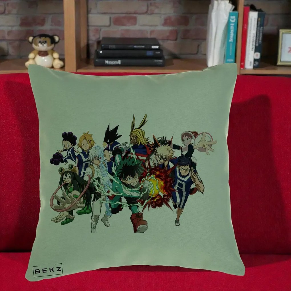 Perna Personalizata My Hero Academia Clasa 1-A Complet, 40x40 cm, Verde, Husa Detasabila, Perna Inclusa, BEKZ®