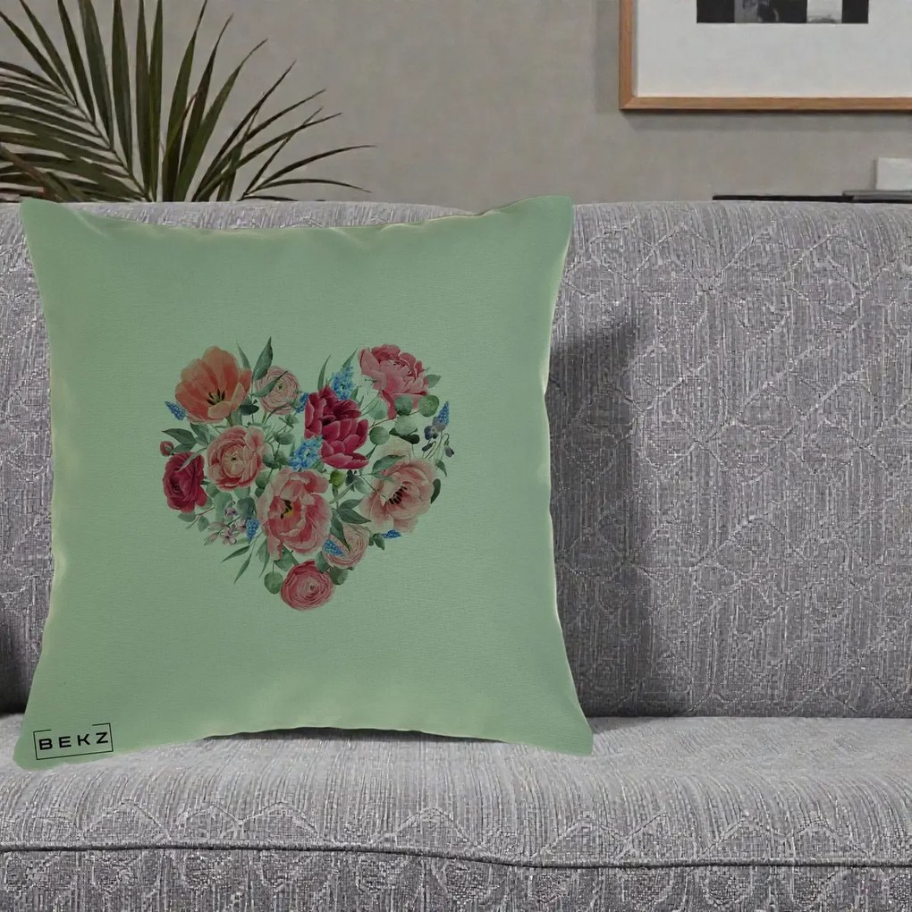 Perna Decorativa Inima din Bujori Acuarela, 40x40 cm, Verde, Husa Detasabila, Perna Inclusa, BEKZ®