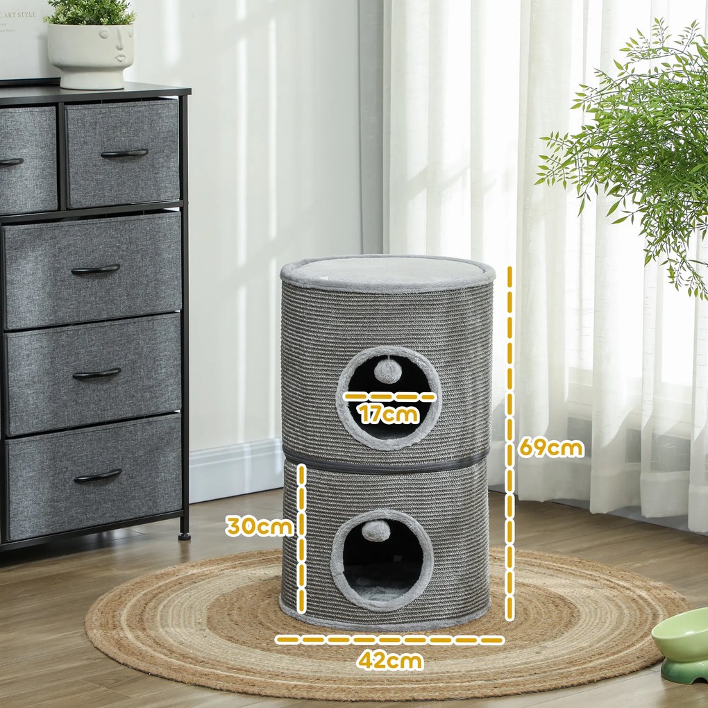PawHut Tour pentru pisici modular tonou zgâriat pisici cu fermoar separabil 3 nivele două mingi Ø 42 x 69H cm gri | Aosom Romania