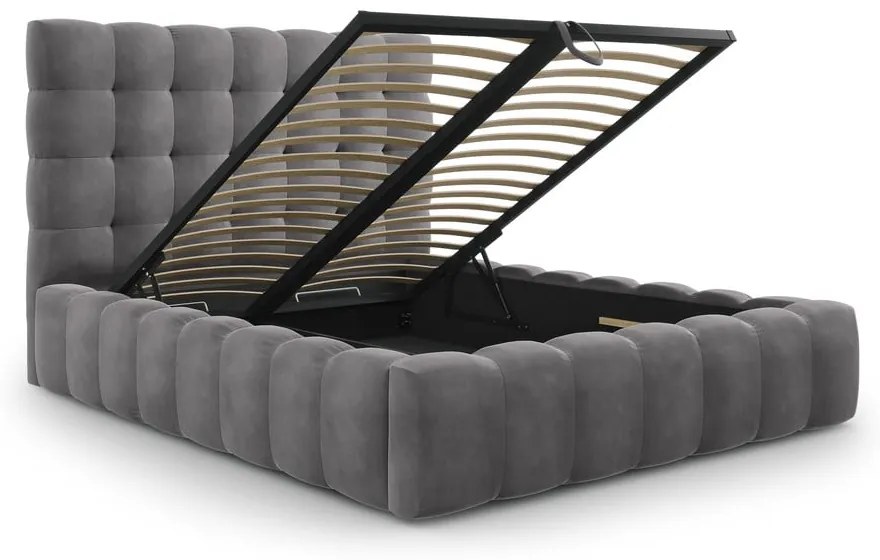 Pat matrimonial gri tapițat cu spațiu de depozitare și somieră 140x200 cm Bali – Cosmopolitan Design