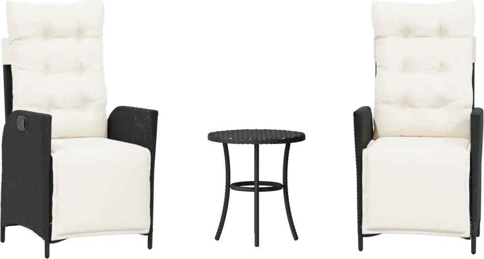 vidaXL Set bistro cu perne, 3 piese, negru, poliratan