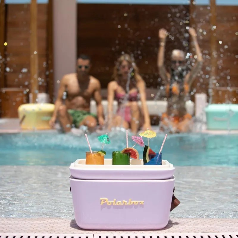 Geanta frigorifica Polarbox Classic, 20 litri, Polistiren AIRPOP, 5-15°C pana la 24 h, Curea clasică din piele, Albastru/Roz