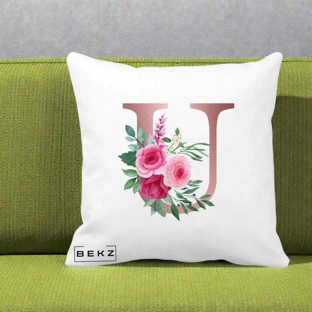 Cadou Personalizat - Perna Personalizata Monograma Rose Gold Litera U, 40x40 cm, Alba Mata, Husa Detasabila, Perna Inclusa, BEKZ®