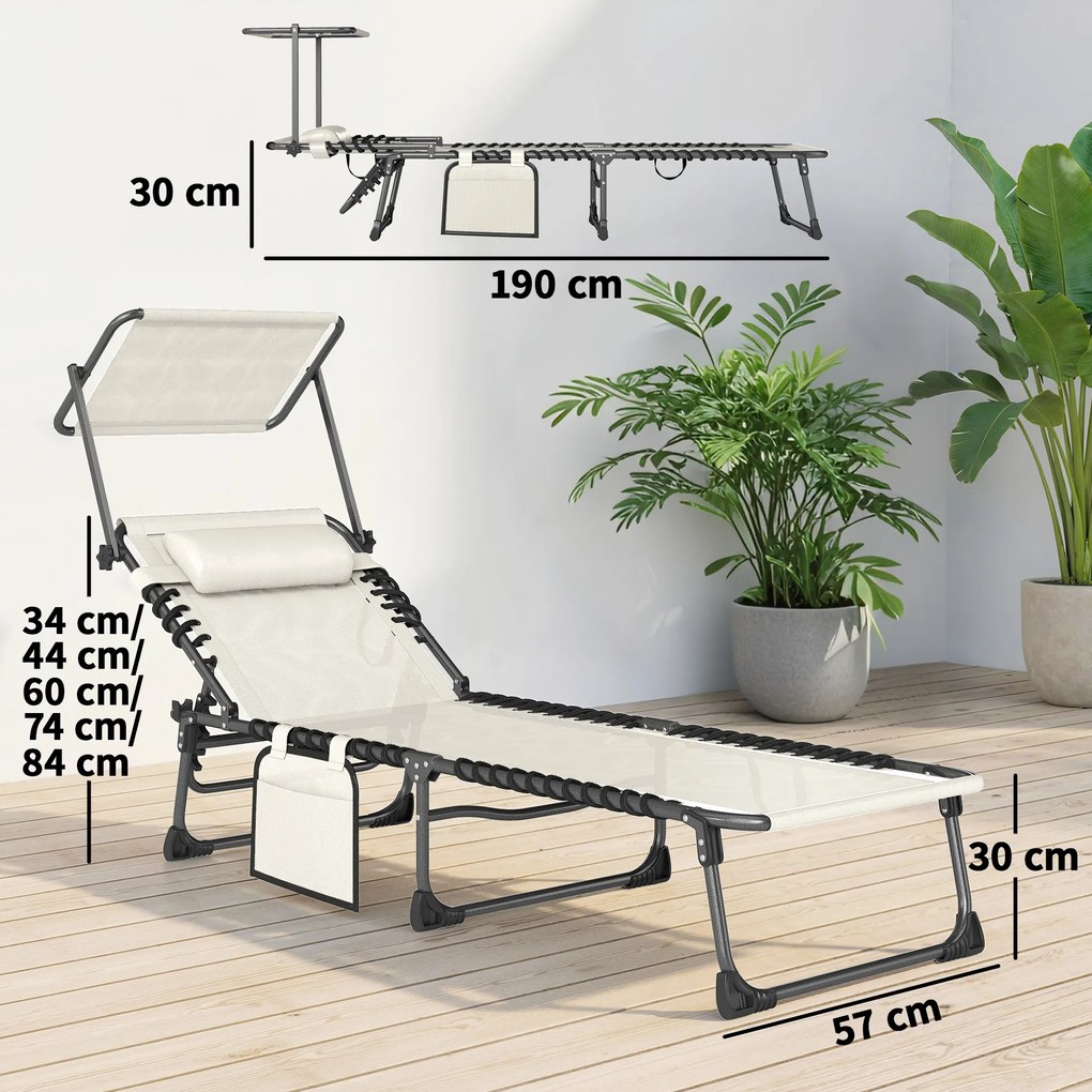 Outsunny Set de 2 Șezlonguri Pliabile cu Pernă pentru Cap Copertină Buzunar Lateral și Spătar Reglabil în 5 Poziții Crem | Aosom Romania
