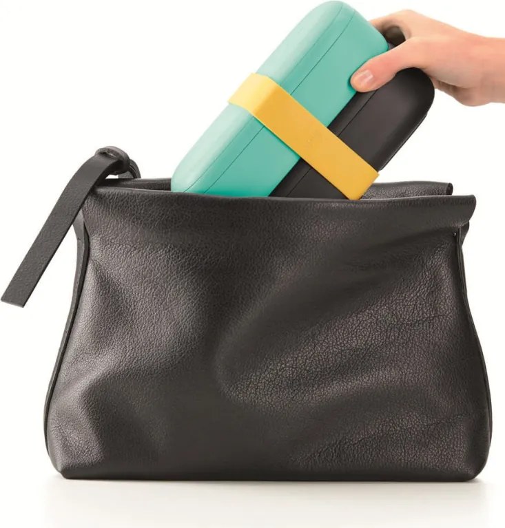 Set 2 cutii pentru alimente Lekue On The Go 1010220, 2x500 ml, Inchidere ermetica, Compartiment tacamuri, Supapa pentru cuptorul cu microunde, Turcoaz/ Negru