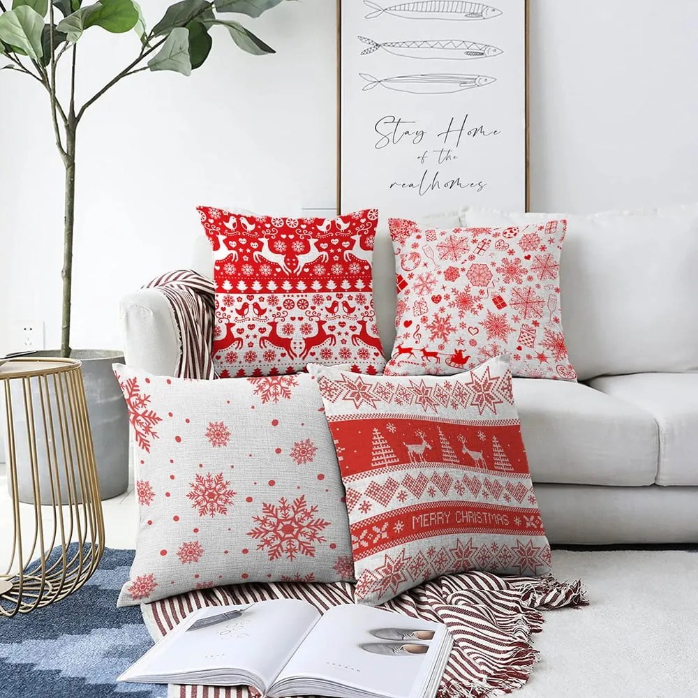 Set 4 fețe de pernă din chenille cu model de Crăciun Minimalist Cushion Covers Red Snowflakes, 55 x 55 cm