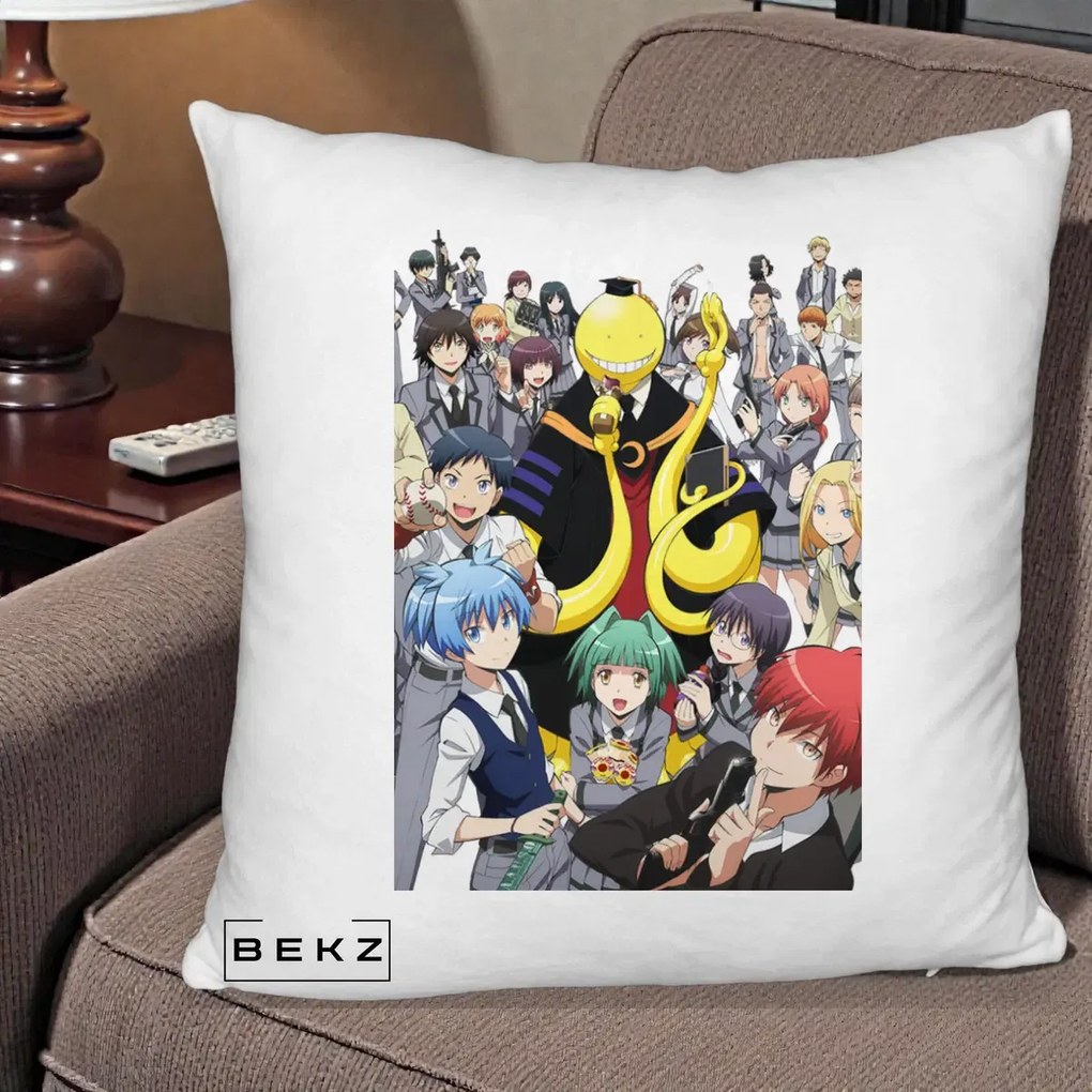Perna Personalizata Assassination Classroom Grup Complet Anime, 40x40 cm, Alb Pufos, Husa Detasabila, Perna Inclusa, BEKZ®