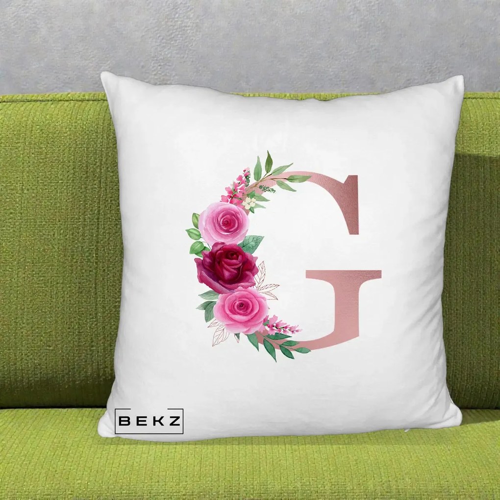 Cadou Personalizat - Perna Personalizata Monograma Rose Gold Litera G, 40x40 cm, Alb Pufos, Husa Detasabila, Perna Inclusa, BEKZ®
