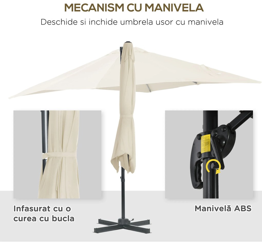 Outsunny Umbrelă de Gradină cu Manivelă cu Rotație 360°, Parasolar Reglabil, 245x245x245 cm, Crem | Aosom Romania