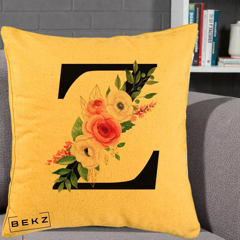 Cadou Personalizat - Perna Personalizata Monograma Florala Litera Z cu Buchet, 40x40 cm, Galben, Husa Detasabila, Perna Inclusa, BEKZ®