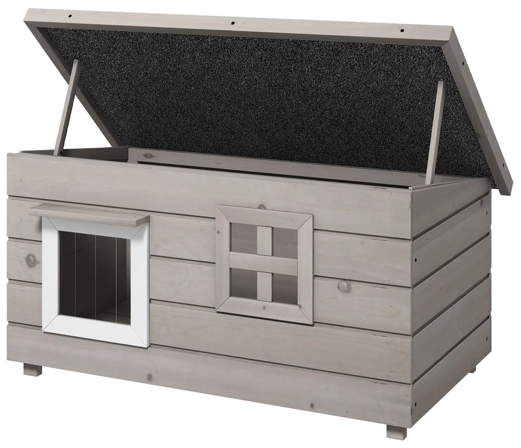 Casa din lemn pentru pisici Pawhut, Canisa de adapost ridicata pentru pisici, Casuta de joaca pentru animale de companie, cu acoperis de asfalt, Cortina din PVC, Fereastra, 87 x 52 x 48 cm, Gri | Aosom Romania