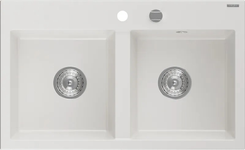 Mexen Hektor chiuvetă de bucătărie din granit cu 2 compartimente 800 x 480 mm, albă, sifon crom - 6521802000-20