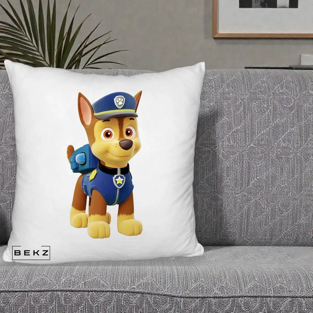Perna Personalizata Chase PAW Patrol Albastru, 40x40 cm, Alb Pufos, Husa Detasabila, Perna Inclusa, BEKZ®