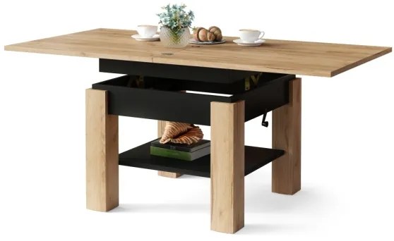 Masă extensibilă CALEB, de cafea și dining, cu blat rabatabil, stejar craft/negru
