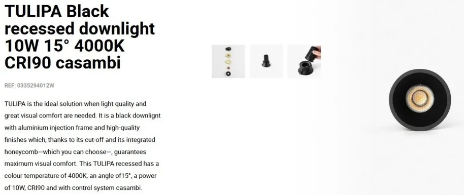 Spot LED incastrabil TULIPA Black recessed downlight 10W 15° 4000K CRI90 casambi
