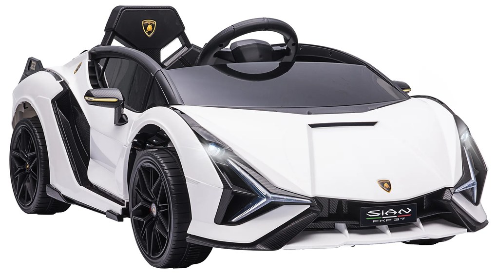 HOMCOM Mașină Electrică pentru Copii 3-5ani, Mașinuță Electrică Lamborghini cu Faruri, Muzică și Telecomandă, 108x62x40cm, Alb | Aosom Romania