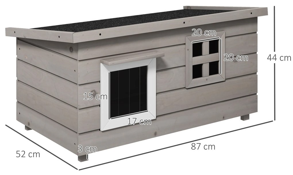 Casa din lemn pentru pisici Pawhut, Canisa de adapost ridicata pentru pisici, Casuta de joaca pentru animale de companie, cu acoperis de asfalt, Cortina din PVC, Fereastra, 87 x 52 x 48 cm, Gri | Aosom Romania