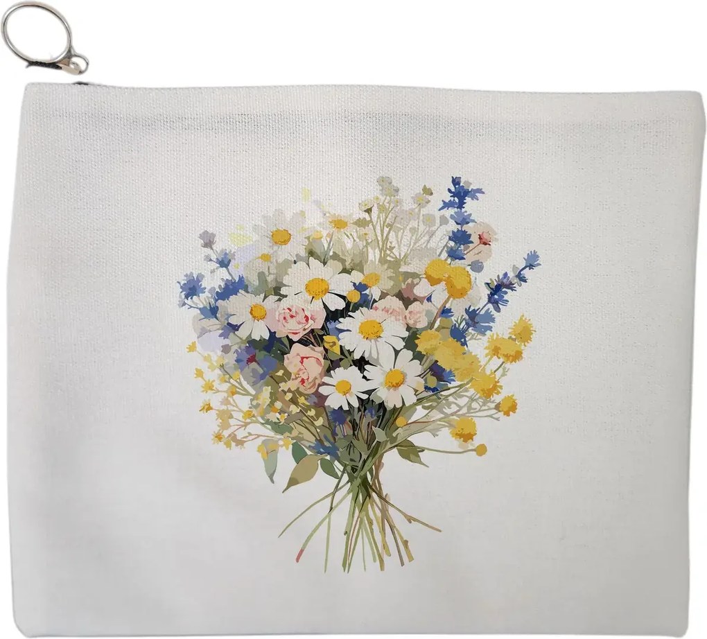 Portfard Cosmetice tip Plic, model Daisy Bouquet, 23x18 cm, Alb, BEKZ®