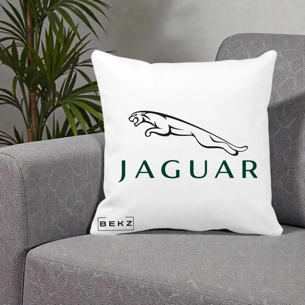Perna Personalizata cu emblema Jaguar, 40x40 cm, Alba Mata, Husa Detasabila, Perna Inclusa, BEKZ®