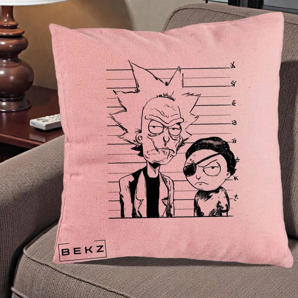 Perna Personalizata Rick si Morty Dosar, 40x40 cm, Roz, Husa Detasabila, Perna Inclusa, BEKZ®