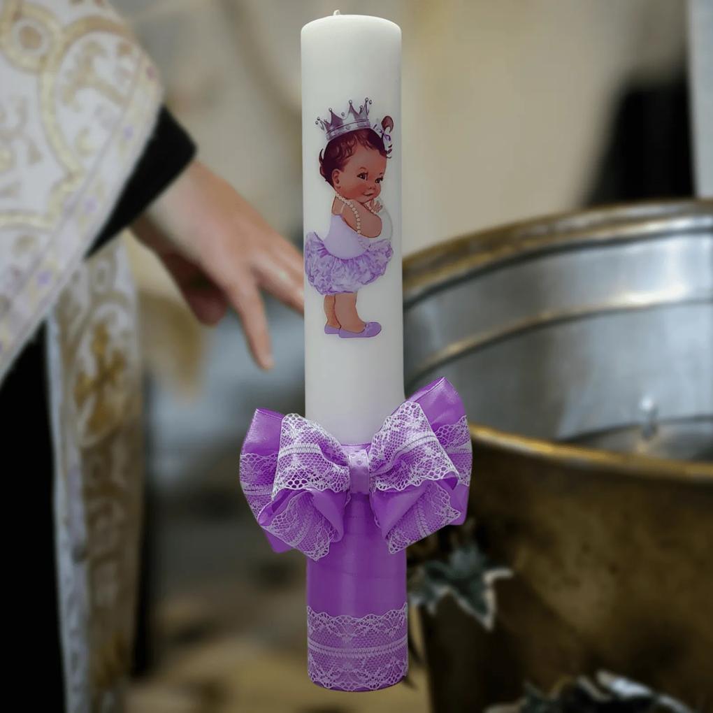 Lumanare botez decorata Printesa cu coroana 5,5 cm, 30 cm