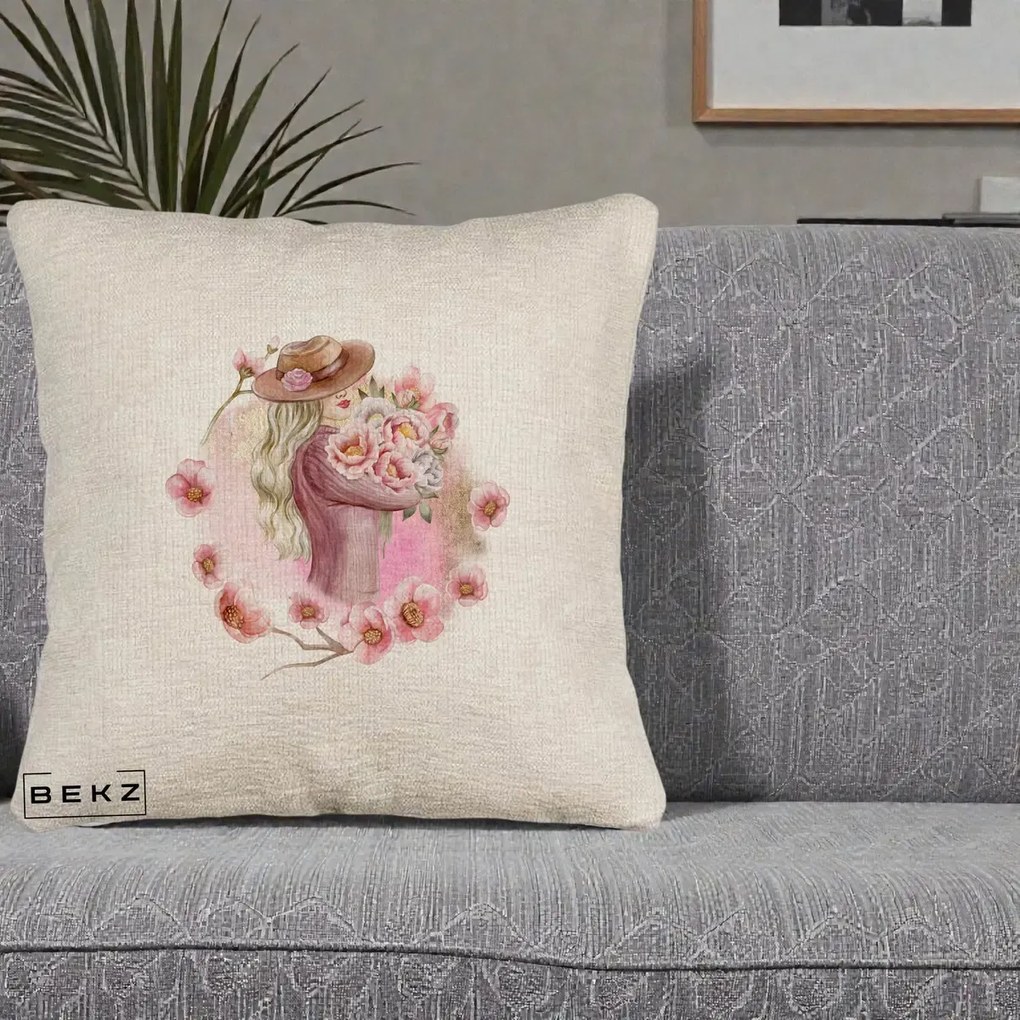 Perna Decorativa Femeie cu Flori Roz Acuarela, 40x40 cm, Bej Canapea, Husa Detasabila, Perna Inclusa, BEKZ®