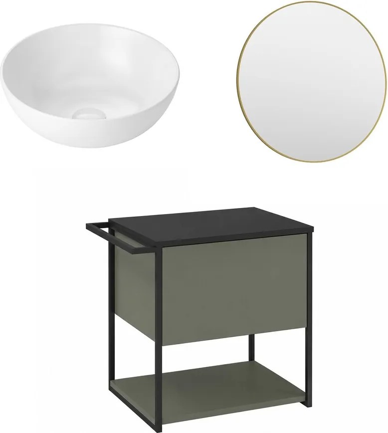 Set dulap baza suspendat Krofam Lov verde-negru 60 cm blat negru cu lavoar 39 cm si oglinda cu rama aurie