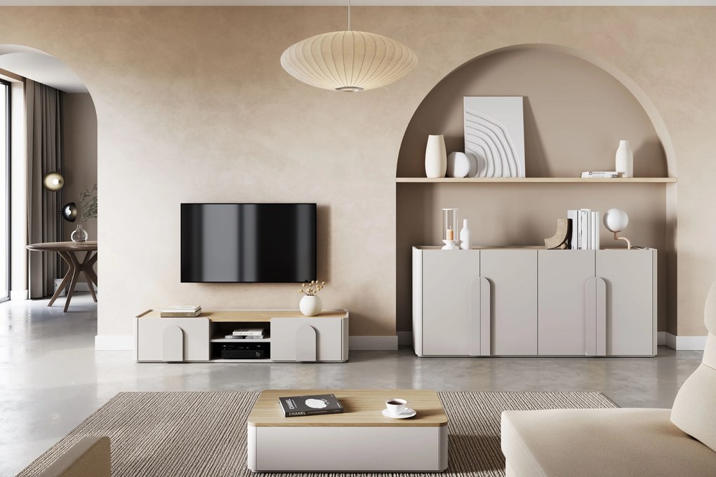 Comodă TV Amilio 170 cm - cashmere / stejar uleiat / mânere cashmere