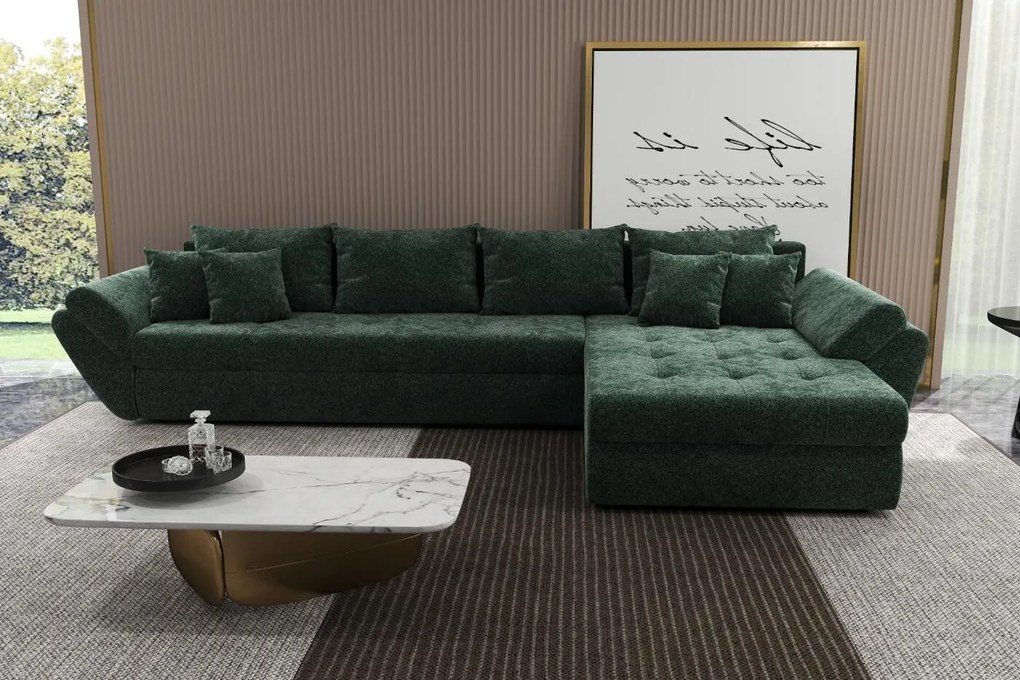 Colțar extensibil dumonde cu ladă de depozitare si sezut confortabil din spuma high-density, Loana XL Euphoria Verde II 335x185 cm