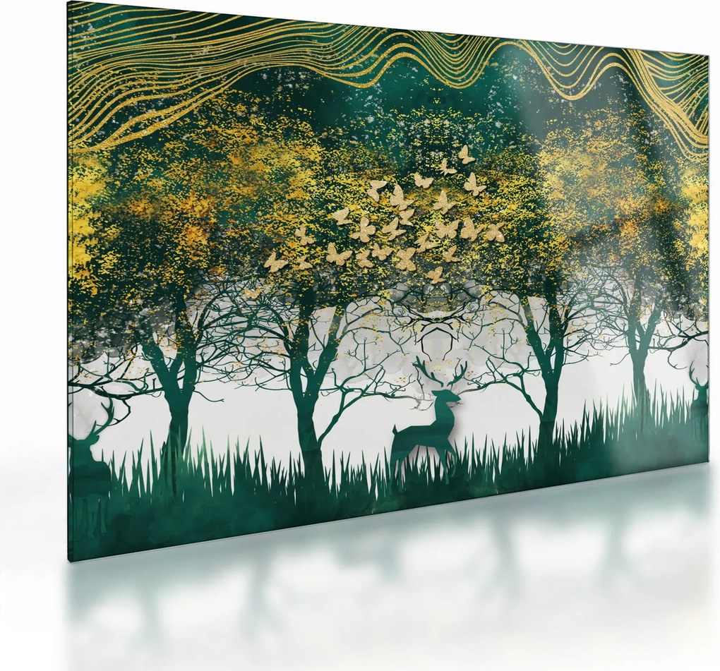 Tablou pe sticlă - Căprioare în pădurea verde (70x50 cm)