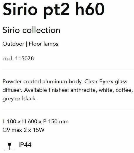 Stalp de iluminat exterior IP44 SIRIO PT2 H60 ANTRACITE