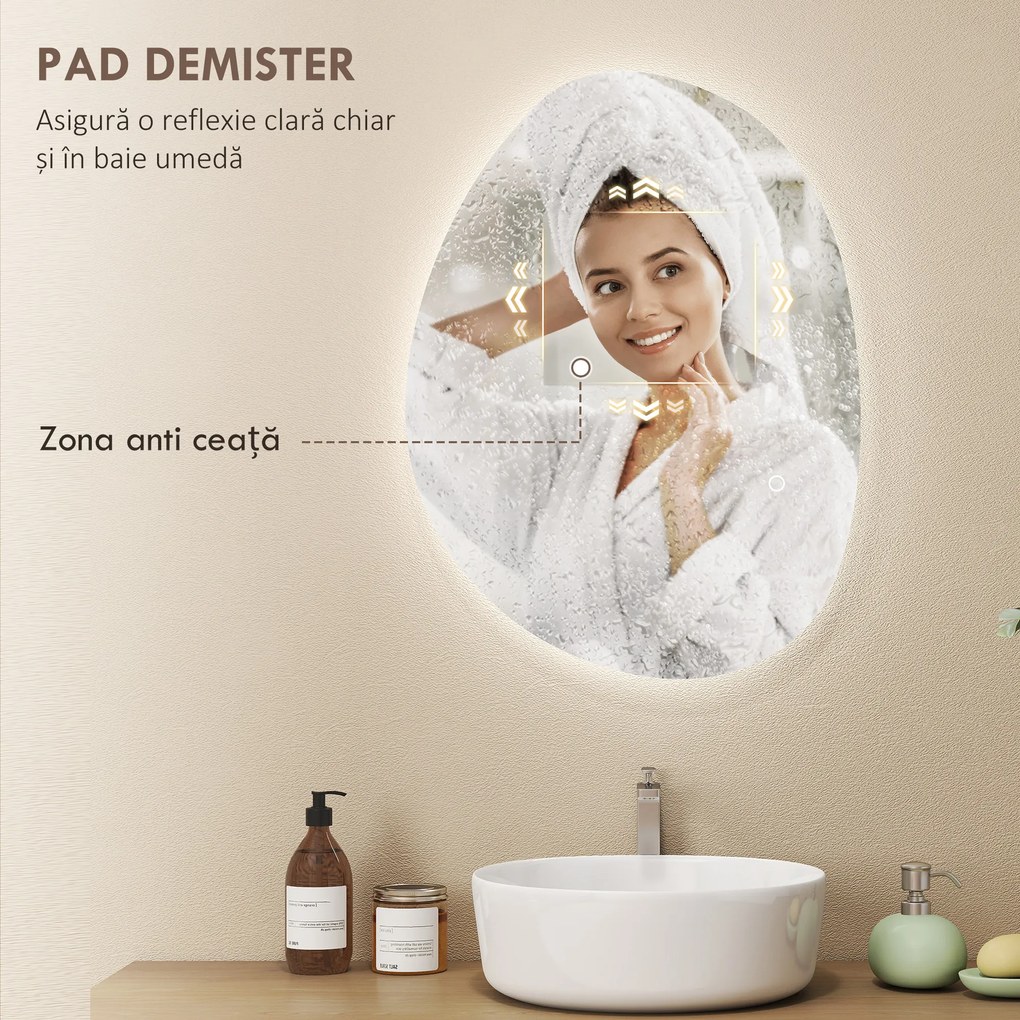 HOMCOM Oglindă de Baie LED cu Comutator Tactil Inteligent și Intensitate Reglabilă, 80x5x60 cm, Argintiu | Aosom Romania