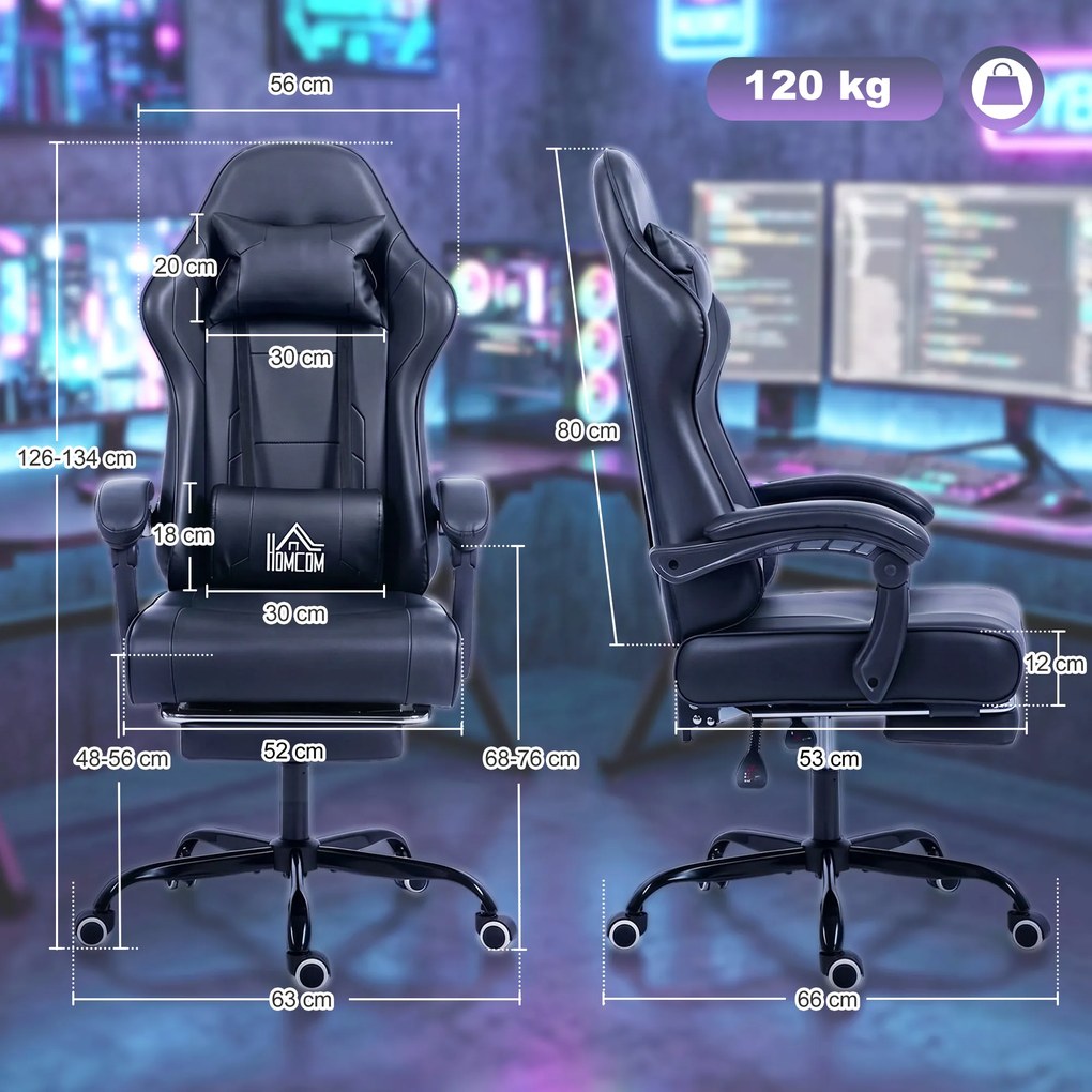HOMCOM Scaun de gaming ergonomic, fotoliu gamer cu suport lombar masaj, spătar înclinat, înălțime reglabilă, negru | Aosom Romania