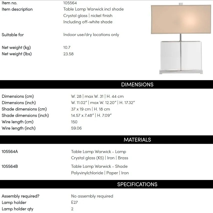 Veioza, lampa de masa, finisaj nickel, corp din sticla, H-44cm, Warwick Crystal 105564 HZ