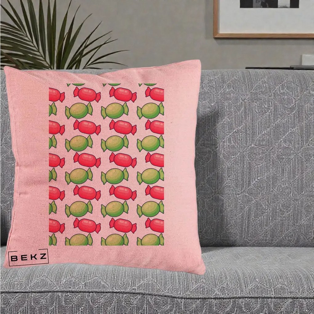 Perna Decorativa Bomboane Craciun Pattern, 40x40 cm, Roz, Husa Detasabila, Perna Inclusa, BEKZ®
