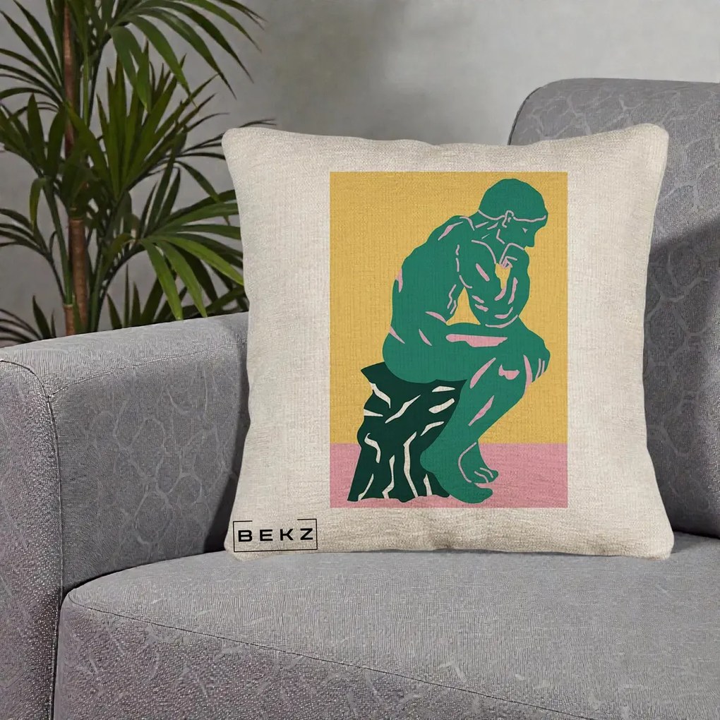 Perna Decorativa Ganditorul Sculptura Pop Art, 40x40 cm, Bej Canapea, Husa Detasabila, Perna Inclusa, BEKZ®