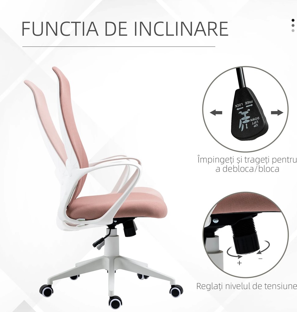 Vinsetto Scaun de birou ergonomic și căptușit, cu înălțime ajustabilă și balans, 62x56x110-119,5 cm, roz | Aosom Romania
