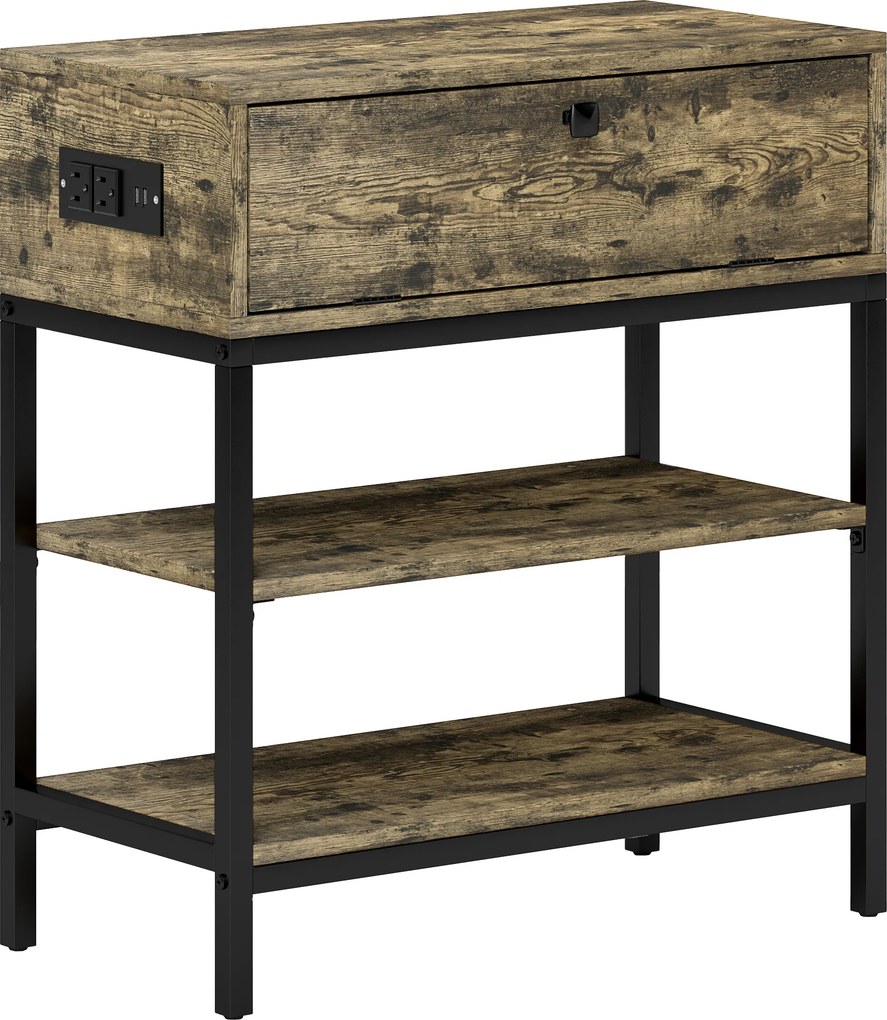 HOMCOM Măsuță de Cafea cu 2 Prize și 2 Porturi USB, Sertar și 2 Rafturi Deschise, 60x30x66,5 cm, Maro | Aosom Romania