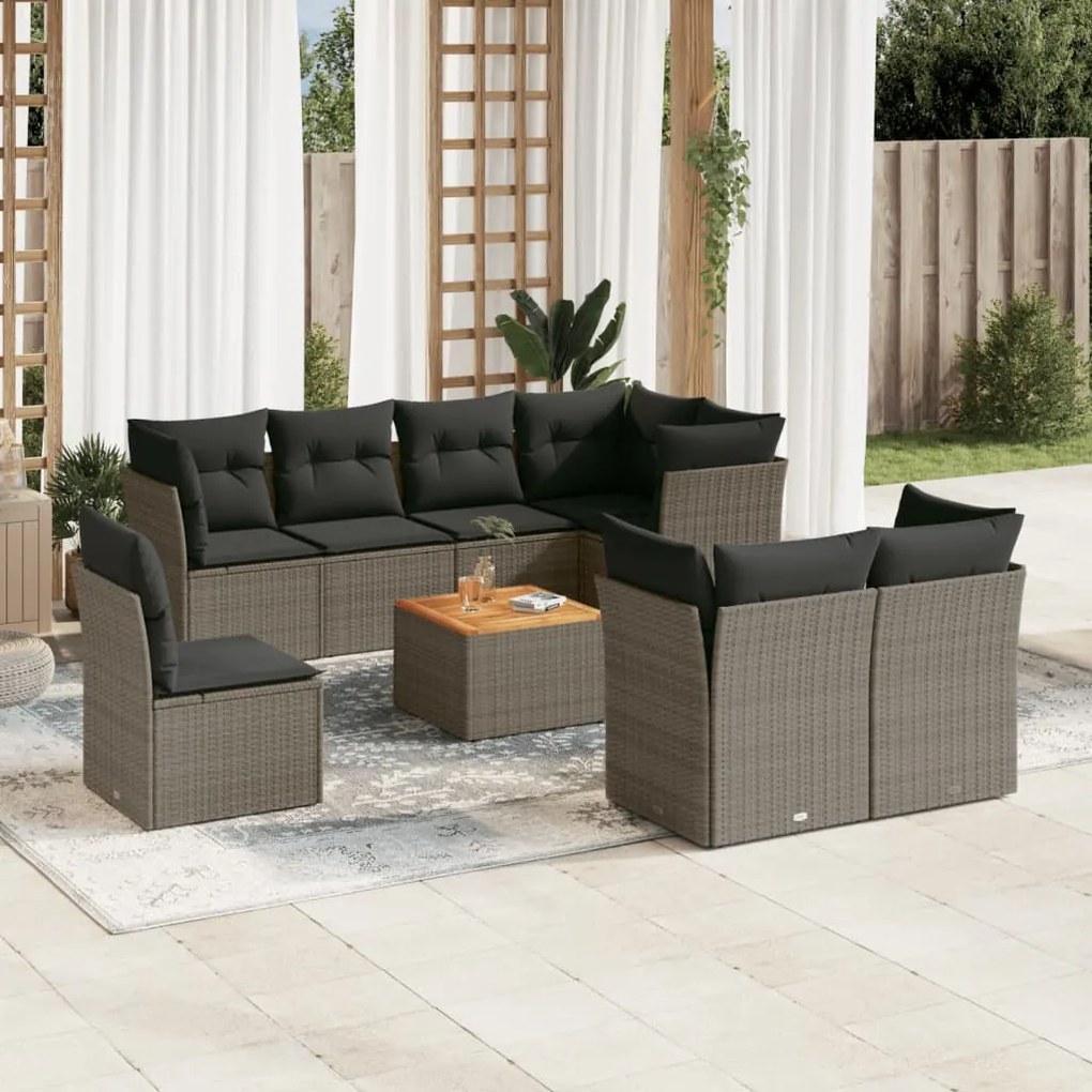 vidaXL Set canapele de grădină, 9 piese, cu perne, gri, poliratan