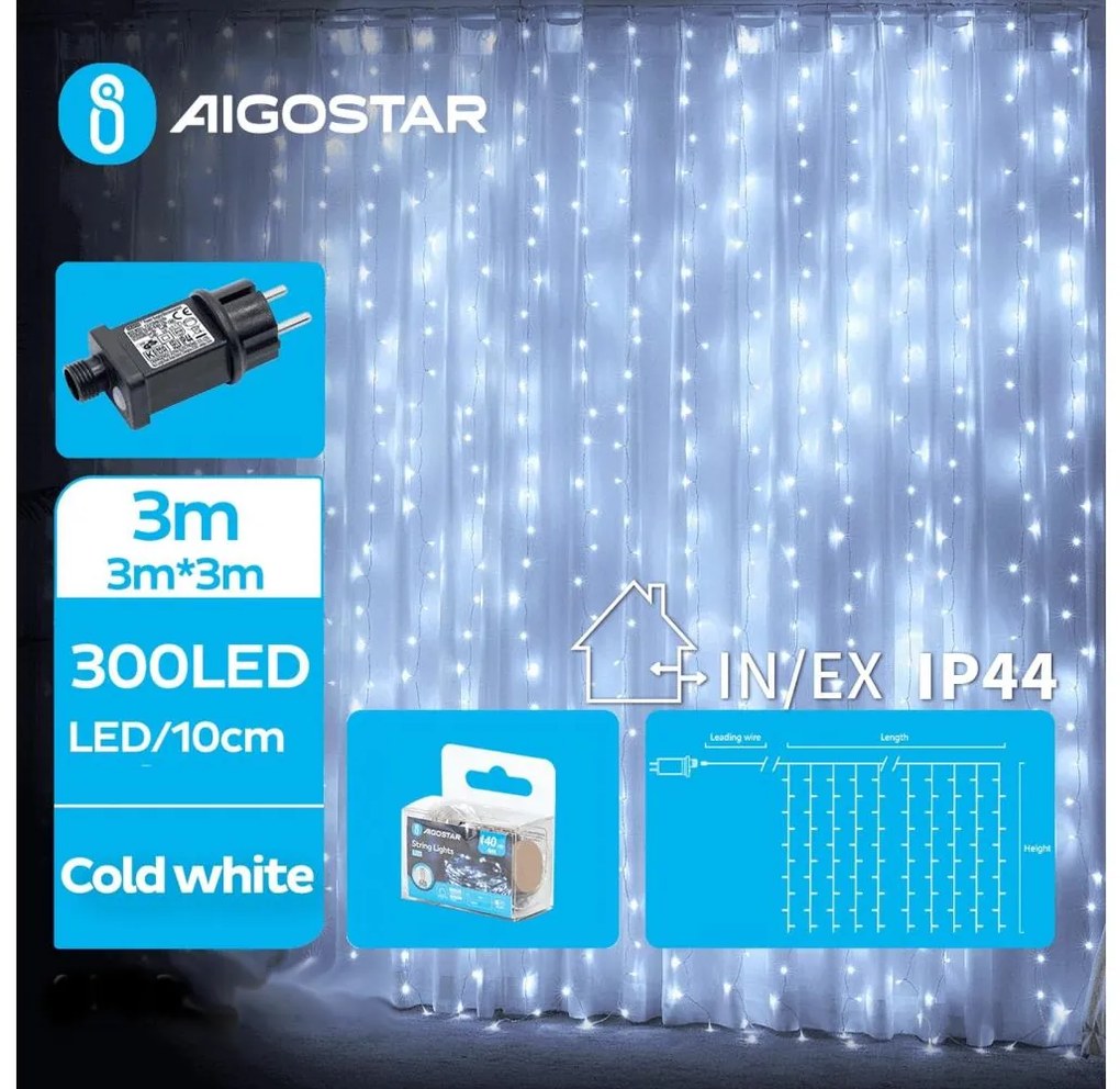 Instalație LED de Crăciun de exterior Aigostar 300xLED/8 funcții 6x3m IP44 alb rece