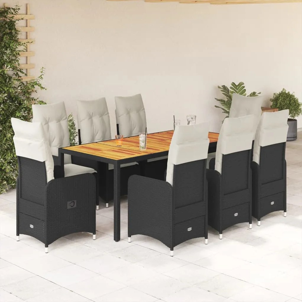 3276983 vidaXL Set bistro de grădină, 9 piese, cu perne, negru, poliratan