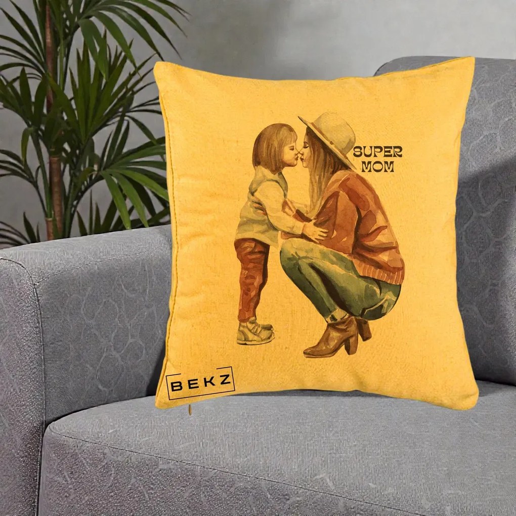 Cadou pentru Mama - Perna Personalizata Super Mom Acuarela, 40x40 cm, Galben, Husa Detasabila, Perna Inclusa, BEKZ®