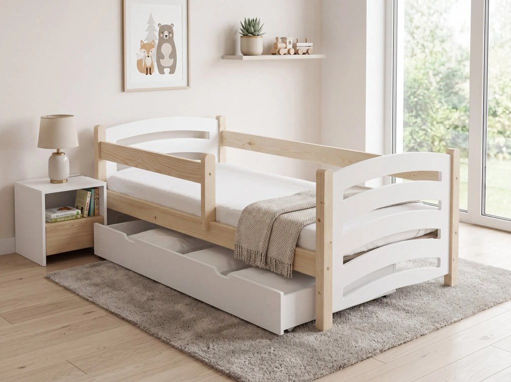 Pat pentru copii MELA 80 x 160 cm, alb–pin Saltele: Fara saltea, Somiera pat: Cu lamele curbate