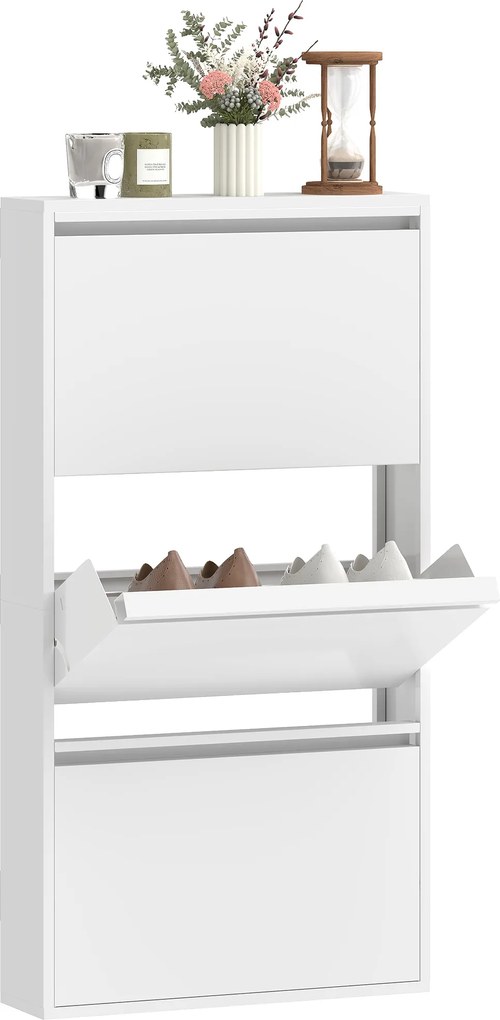 HOMCOM Dulap pantofi metalic cu 3 compartimente rabatabile, dulap îngust, montare pe perete, pentru 6 perechi, Alb | Aosom Romania