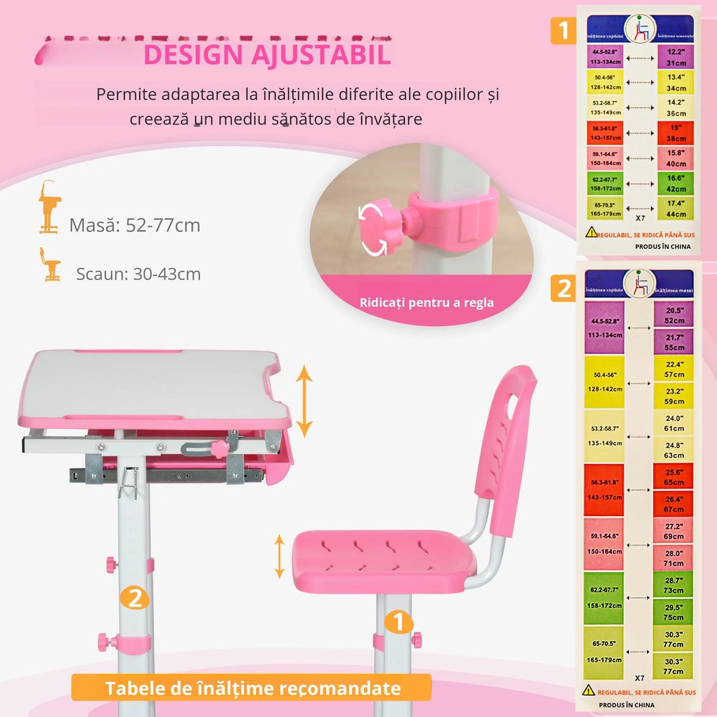 HOMCOM Set Masă și Scaun pentru Copii Reglabilă pe Înălțime, cu Blat Înclinabil 45°, 66x47x52-77 cm, Roz | Aosom Romania
