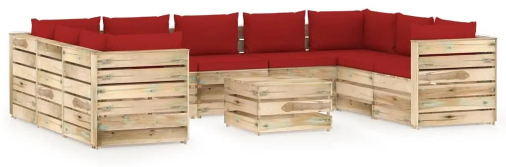 Set mobilier de gradina cu perne, 10 piese, lemn verde tratat rosu si maro, 10