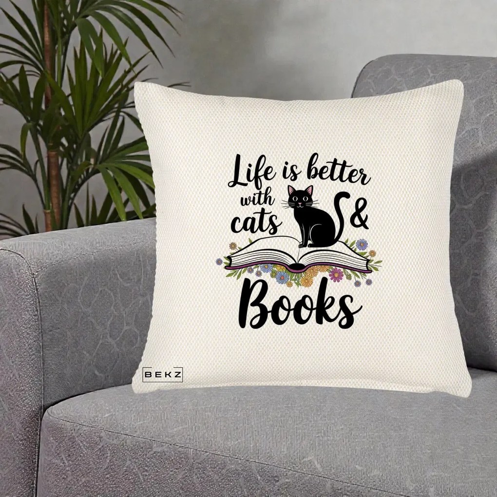 Perna Personalizata Life is Better Cats and Books, 40x40 cm, Crem Reliefat, Husa Detasabila, Perna Inclusa, BEKZ®